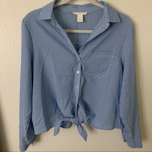 H&M Button-up Collared Blouse with Tie Front Size 6 - Picture 1 of 7